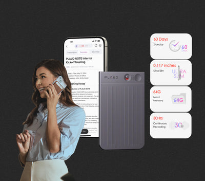 Woman on a call with smartphone, phone case, and feature details displayed on a dark background